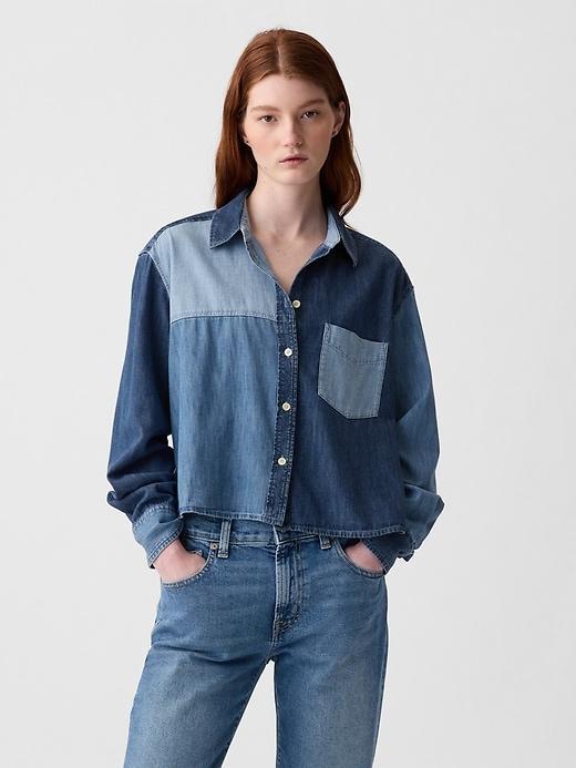 Cropped Patchwork Denim Shirt Product Image