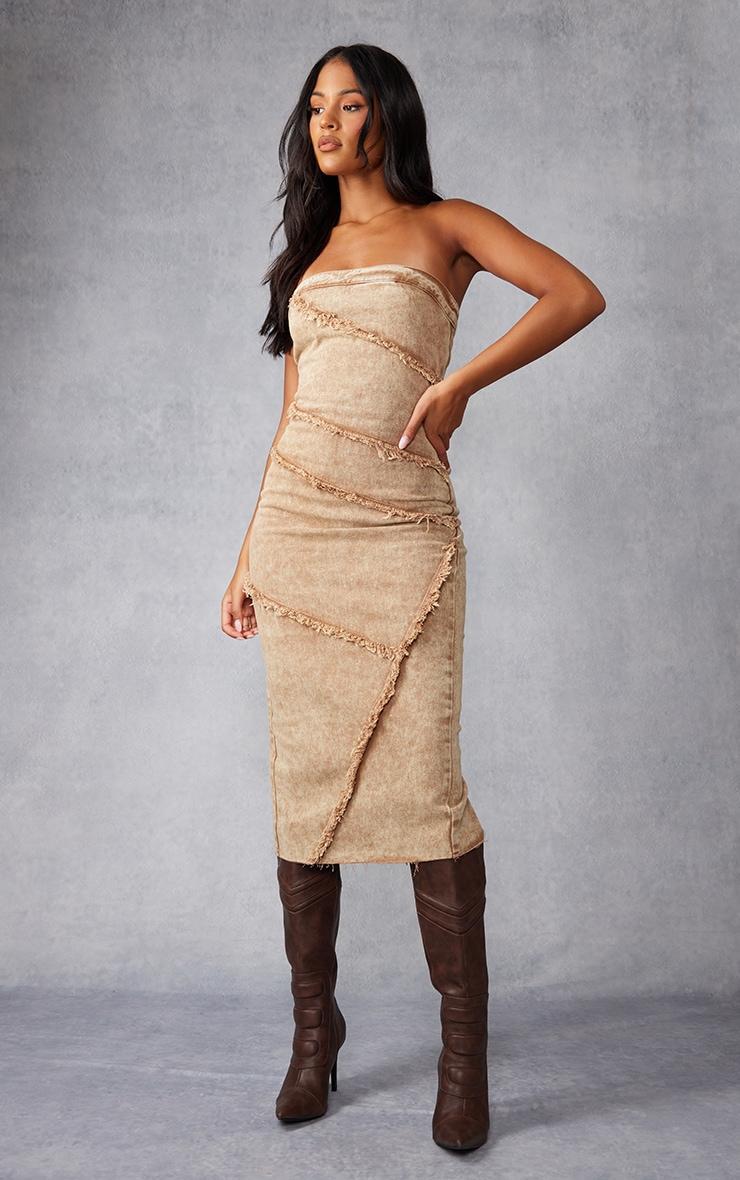 Tall Washed Brown Bandeau Denim Midi Dress Product Image