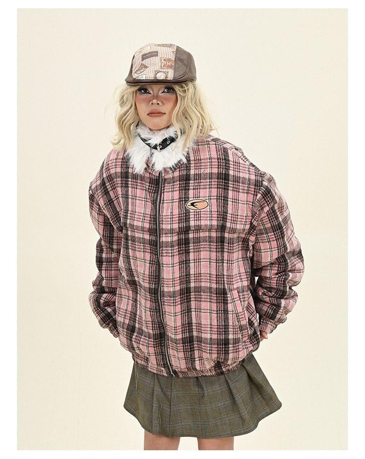 Fluffy Collar Plaid Zip Puffer Jacket Product Image