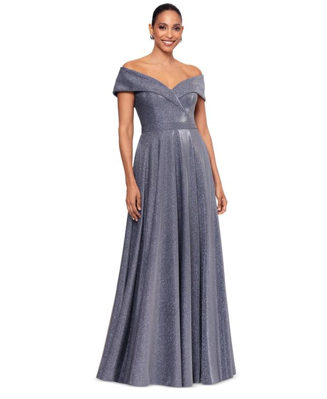 Xscape Womens Off-The-Shoulder V-Neck Glitter Gown Product Image