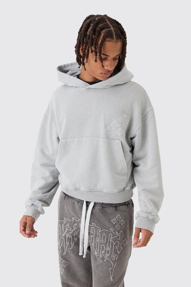 Shrunken Washed and Applique Official Cross Distressed Hoodie | boohooMAN USA Product Image