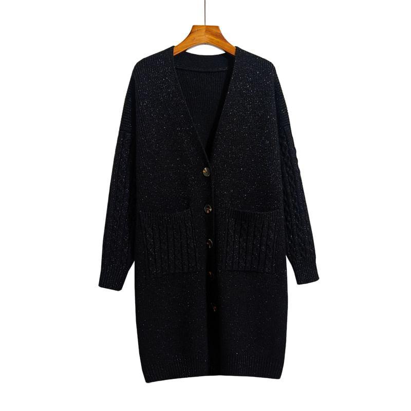 V-Neck Plain Pocketed Long Cable Knitted Cardigan Product Image