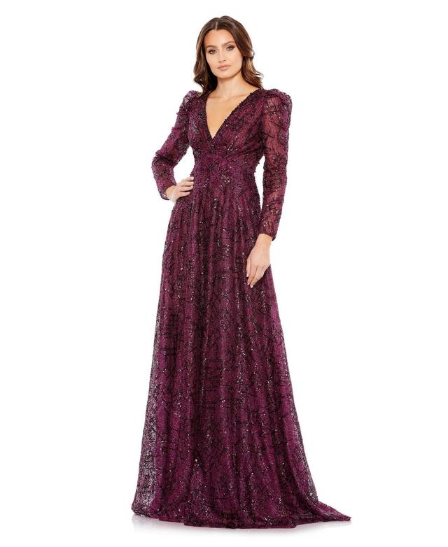 Womens Embellished V Neck Long Sleeve A Line Gown Product Image