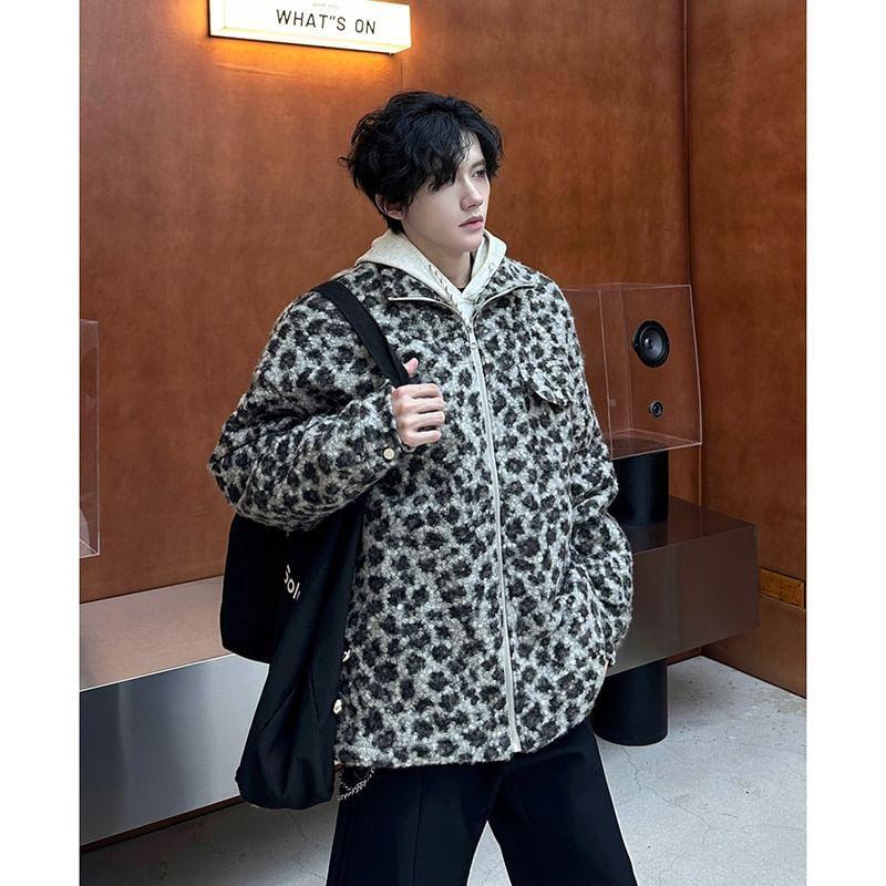 Stand Collar Leopard Patterned Fleece Zip Puffer Jacket Product Image