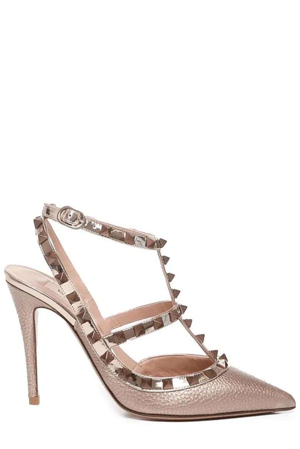 Rockstud Pointed Toe Caged Pumps In Gold Product Image