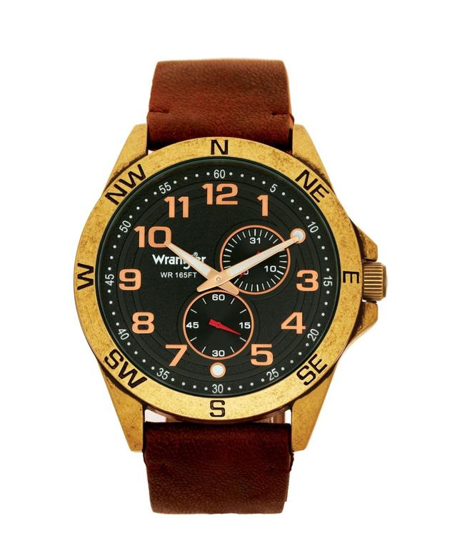 Wrangler Mens Watch, 48MM Antique Brass Plated Case, Compass Directions on Bezel, Black Dial, Antiqued Arabic Numerals, Multi Function Date and Secon Product Image