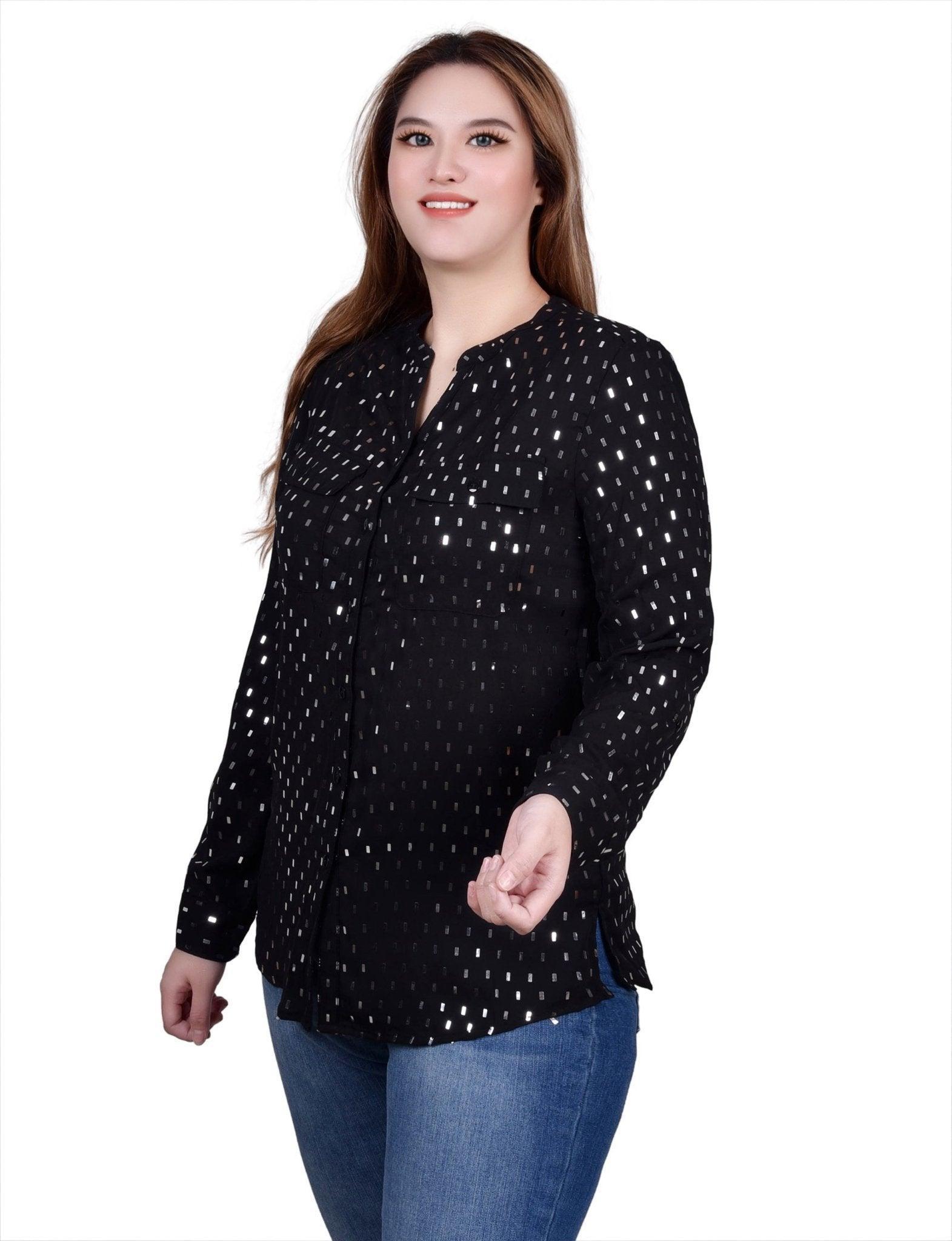 Long Roll Tab Sleeve Foil Dot Blouse Product Image