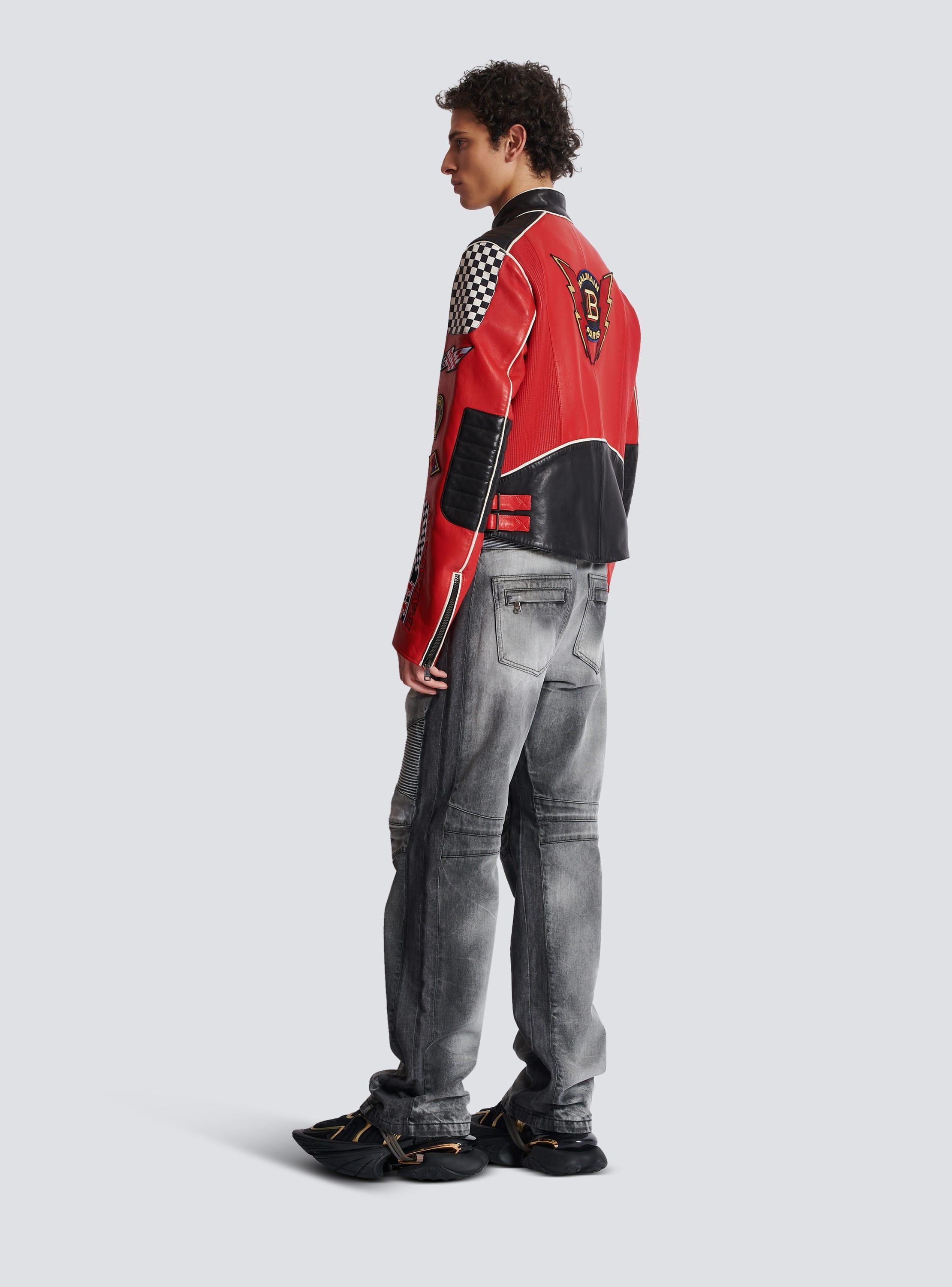 Lambskin jacket with Balmain Racing patches Product Image