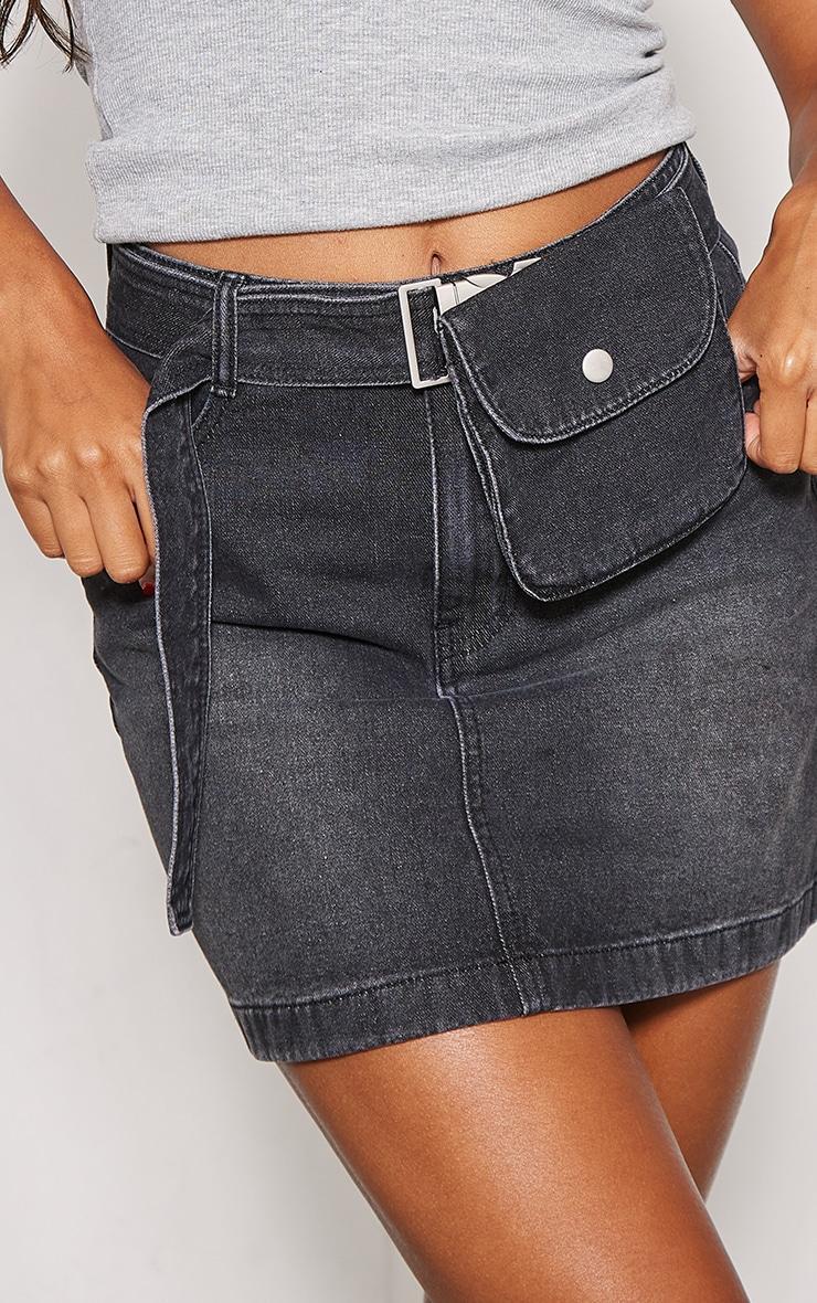 Washed Black Utility Belt Pouch Detail Denim Mini Skirt Product Image