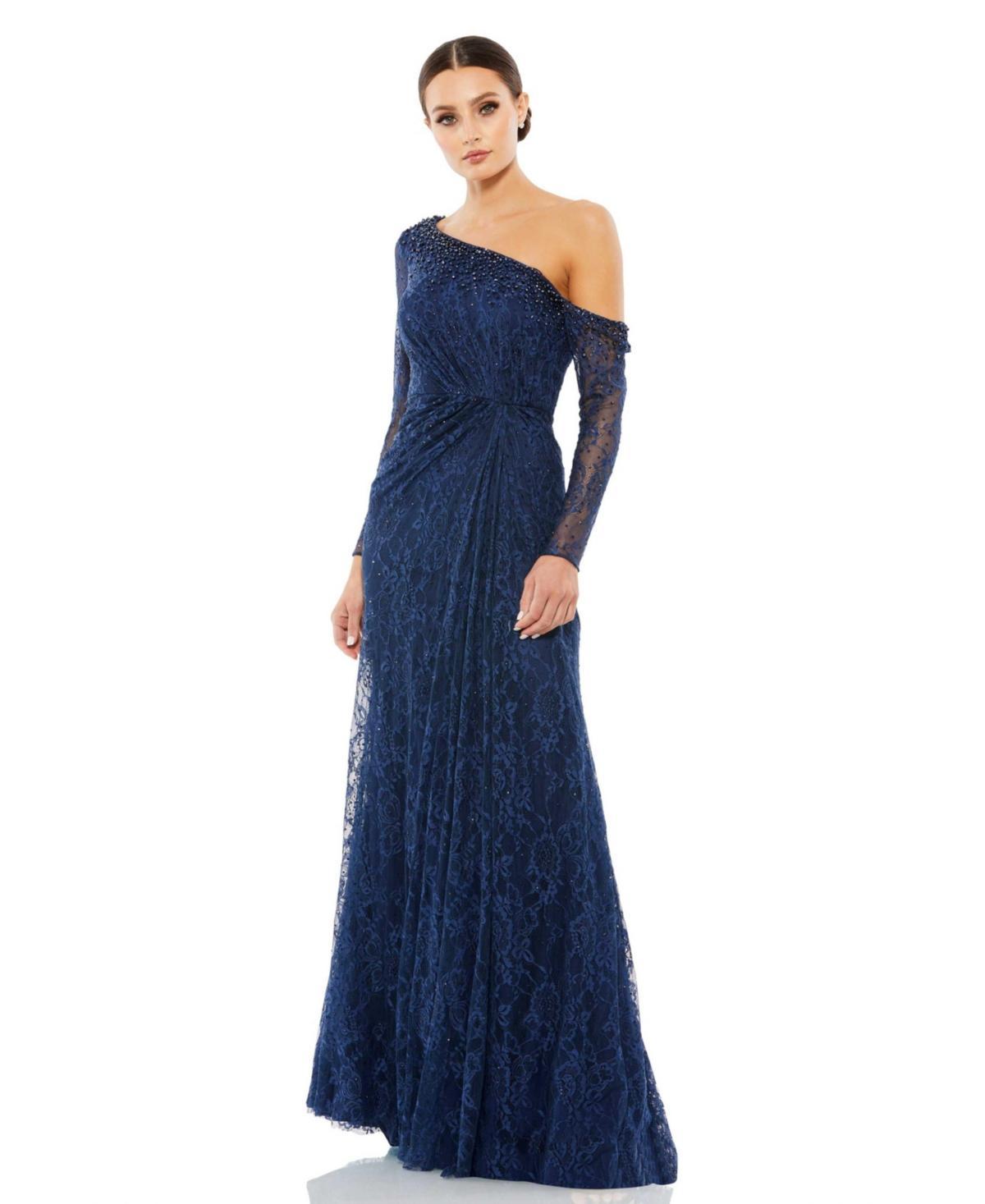 Mac Duggal Draped Jewel Encrusted Lace Drop Shoulder Gown Product Image