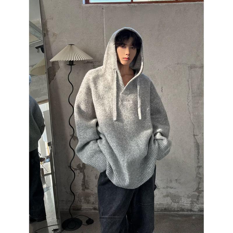 Drawstring Hooded Plain Oversized Sweater Product Image