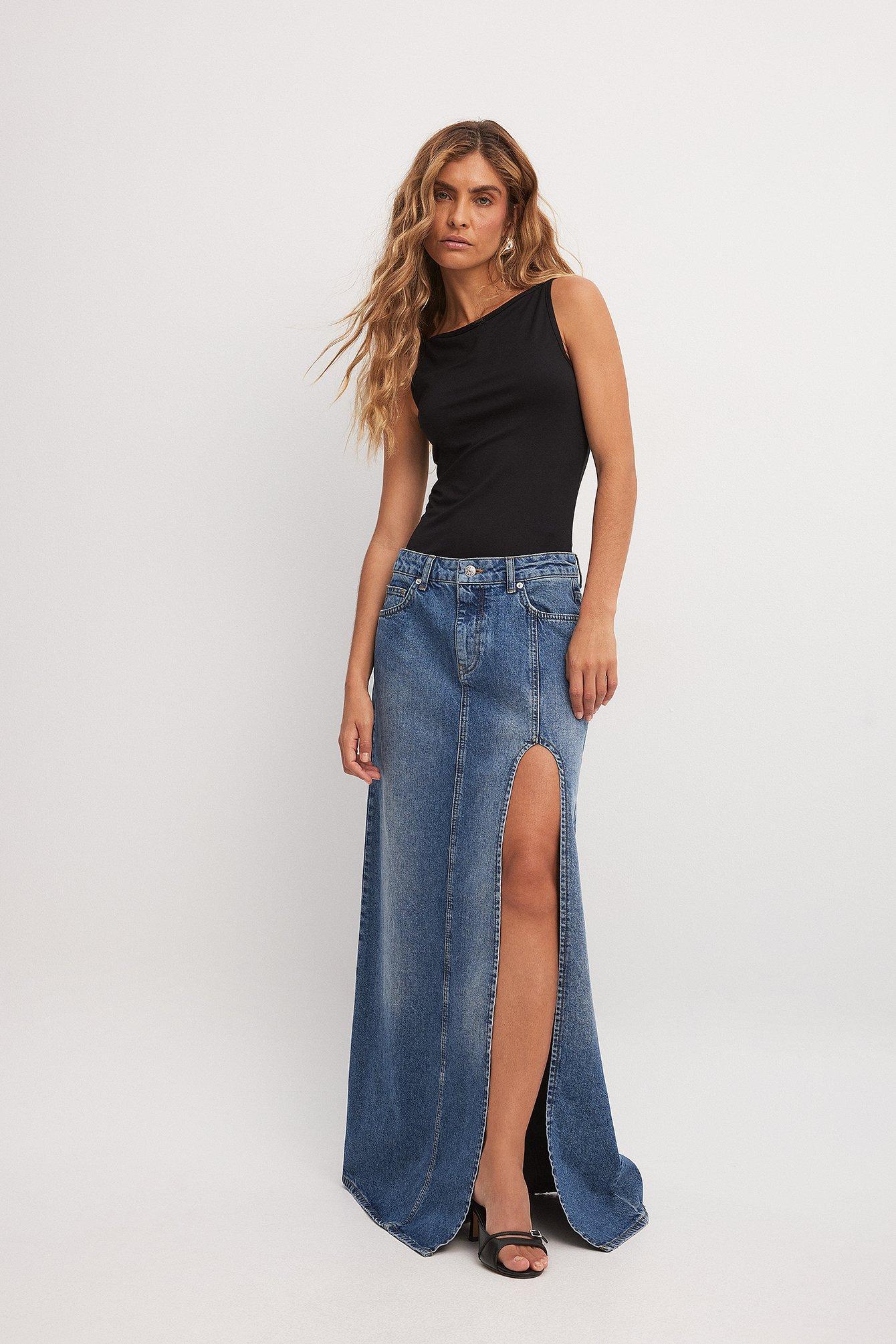 Denim Slit Detail Mid Waist Skirt Product Image