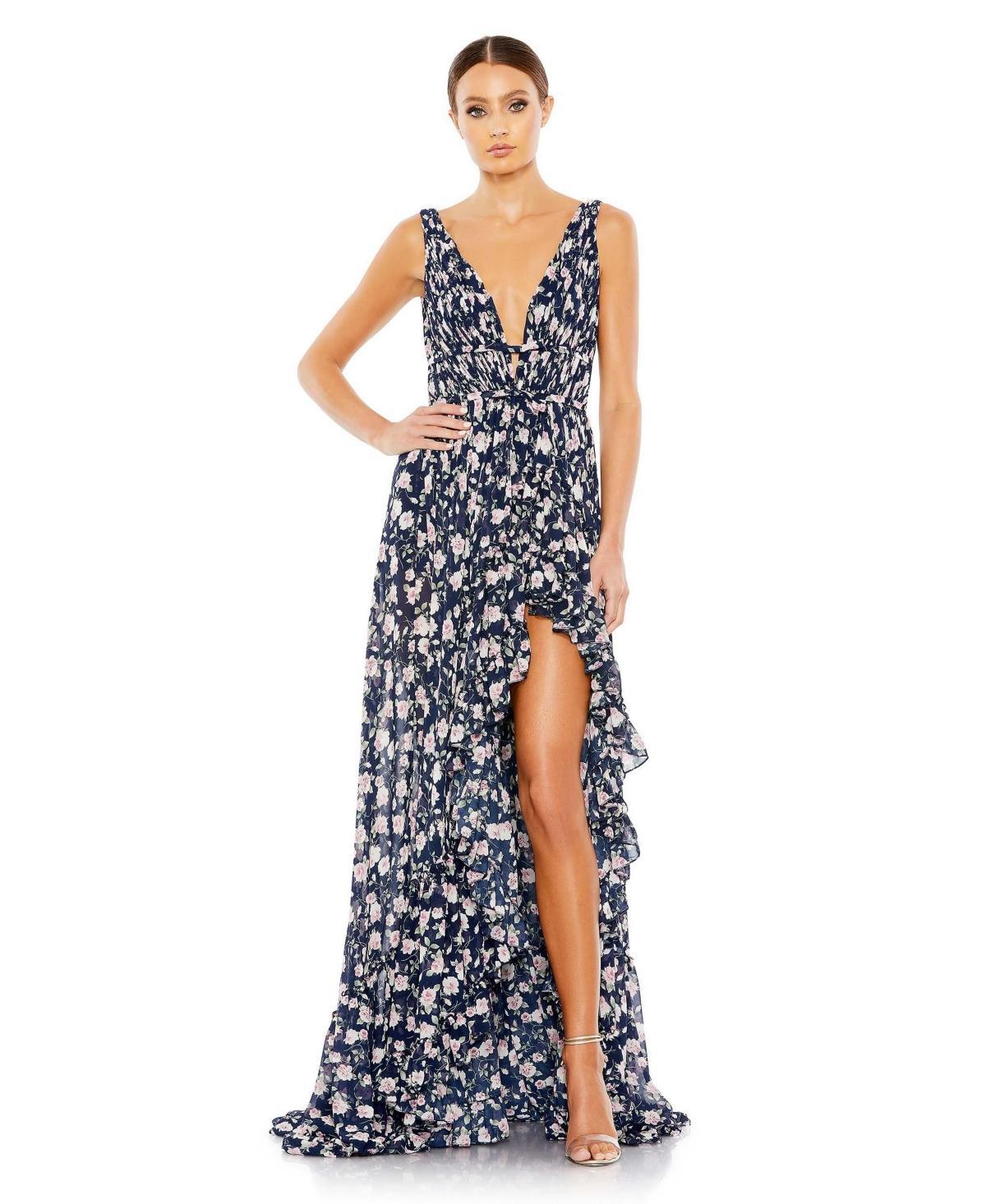 Mac Duggal Floral Print Sleeveless Ruffle Tiered High-Low Plunging V Product Image