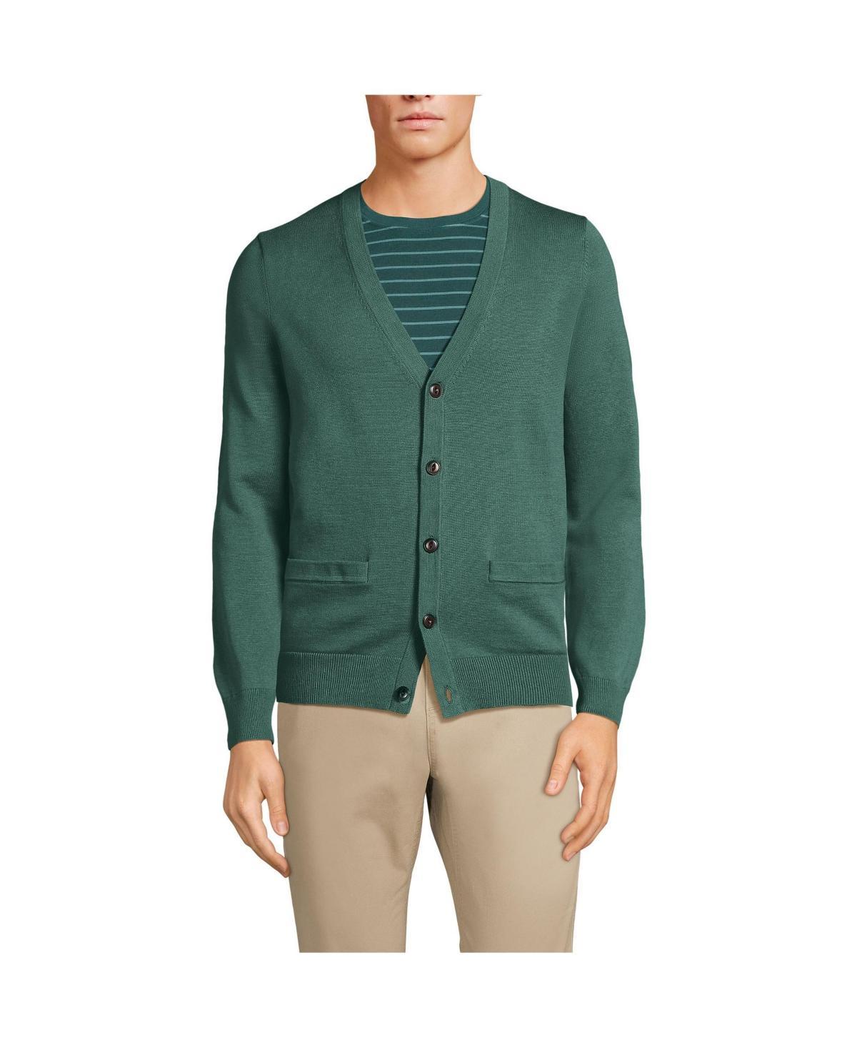 Mens Lands End Fine Gauge Cotton Cardigan Sweater Washed Green Product Image