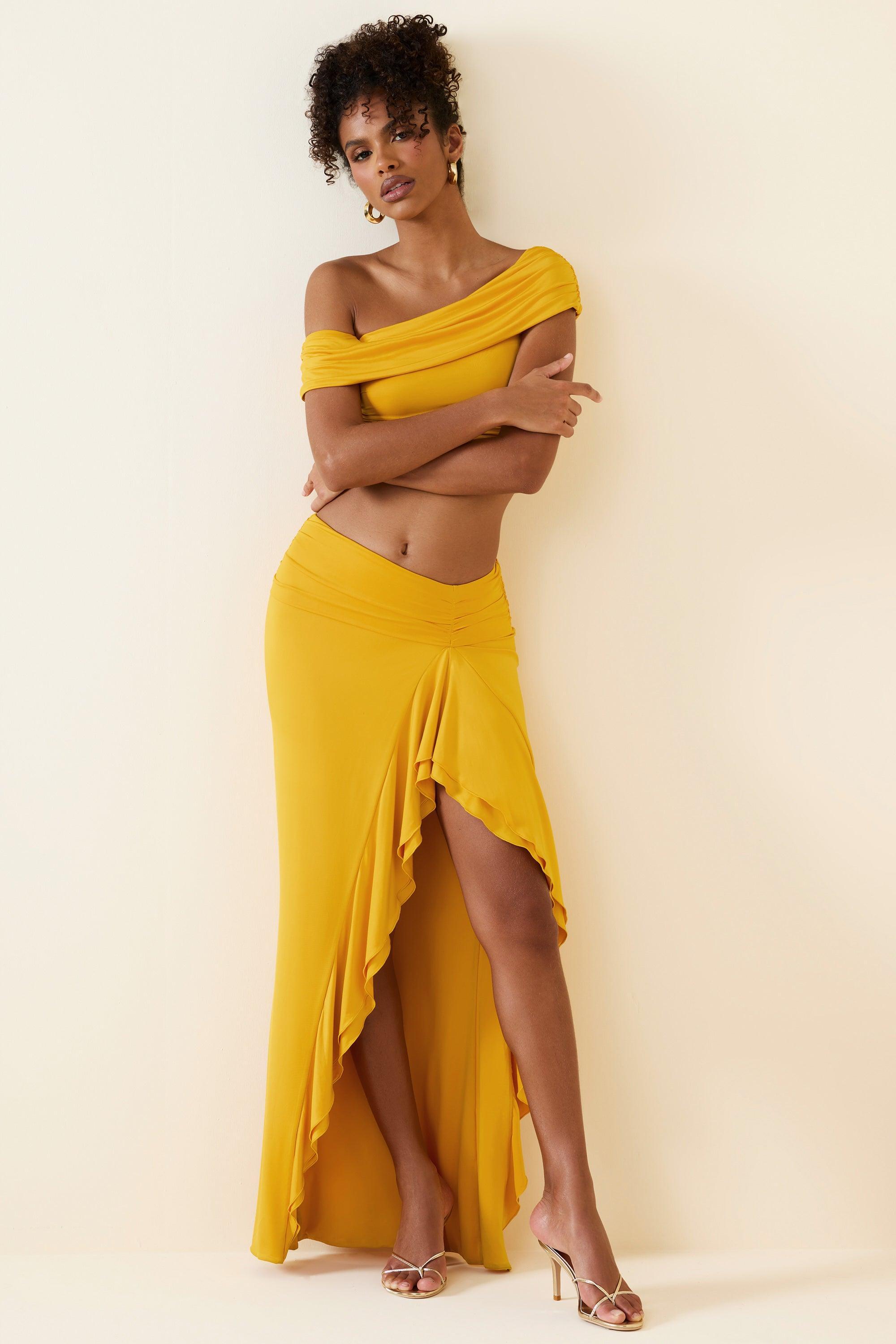 Asymmetric Ruffled Low-Rise Maxi Skirt in Golden Yellow Product Image