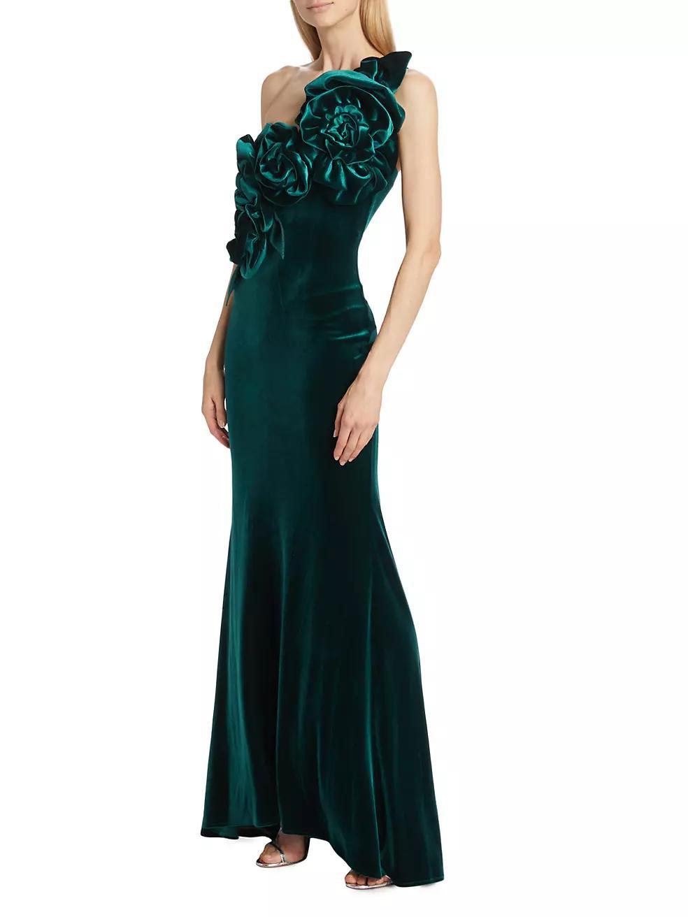 Solid Rosette Velvet One-Shoulder Gown Product Image