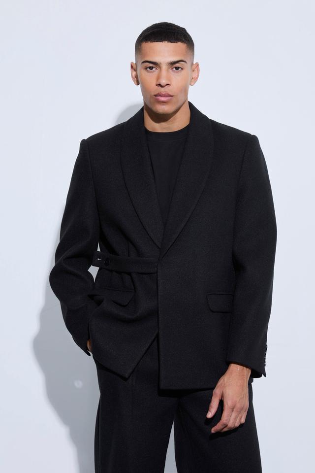 Mens Black Wool Look Oversized Strap Detail Blazer, Black Product Image