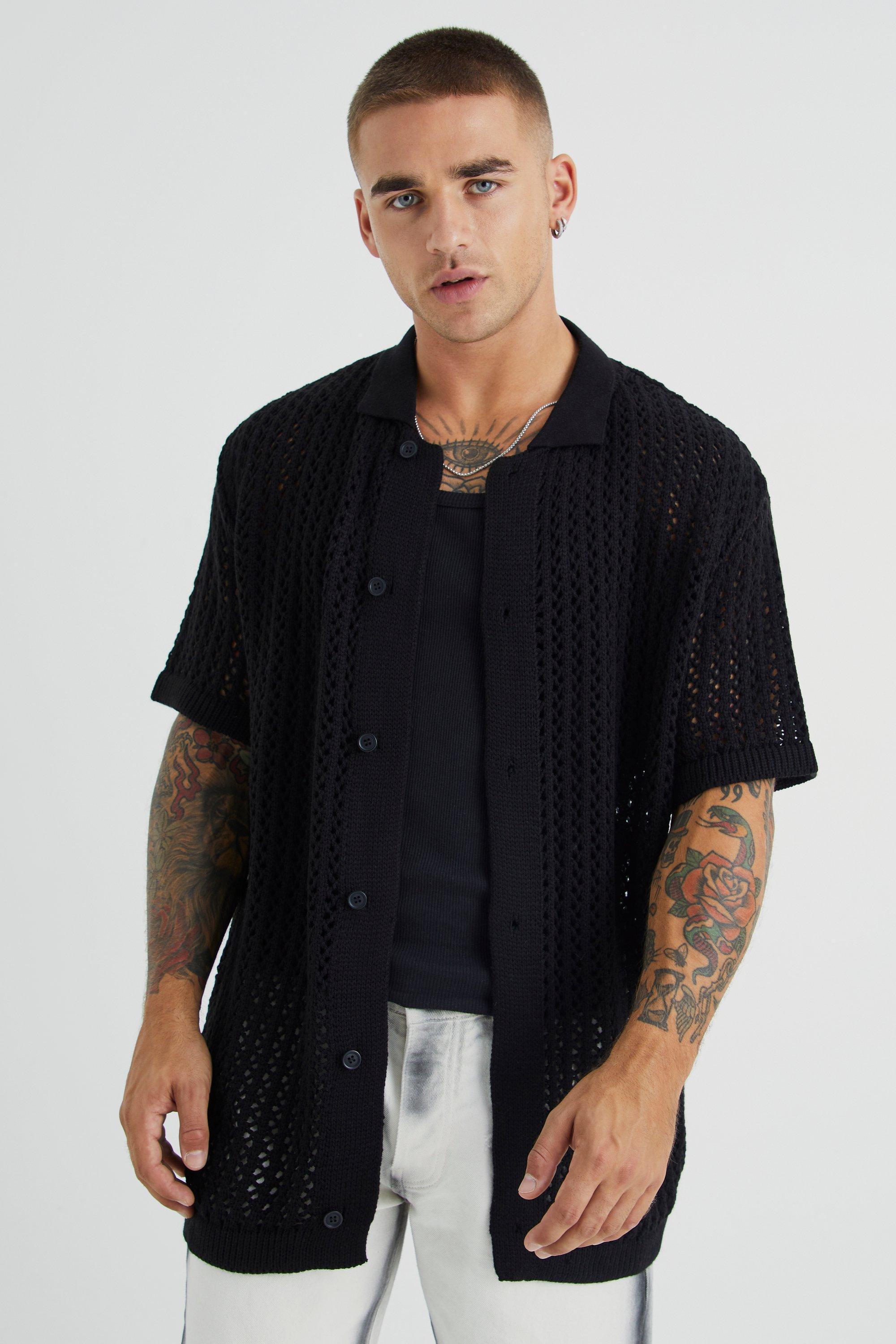 Open Stitch Short Sleeve Knitted Shirt | boohooMAN USA Product Image