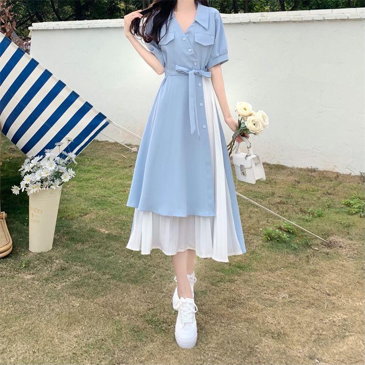 Short-Sleeve Collared V-Neck Accordion Pleated Mock Two Piece Midi A-Line Wrap Dress Product Image