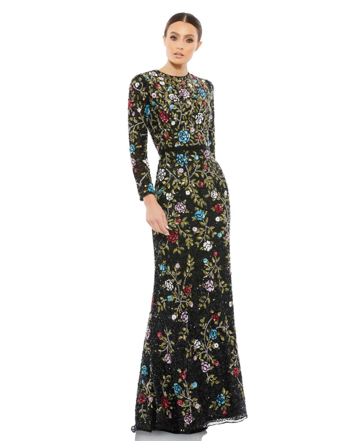 Mac Duggal Sequin Floral Bracelet Sleeve A-Line Gown Product Image