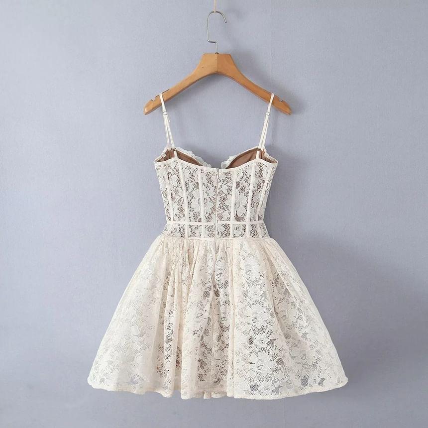 Spaghetti Strap Plain Tie-Waist Lace Mini A-Line Dress Product Image