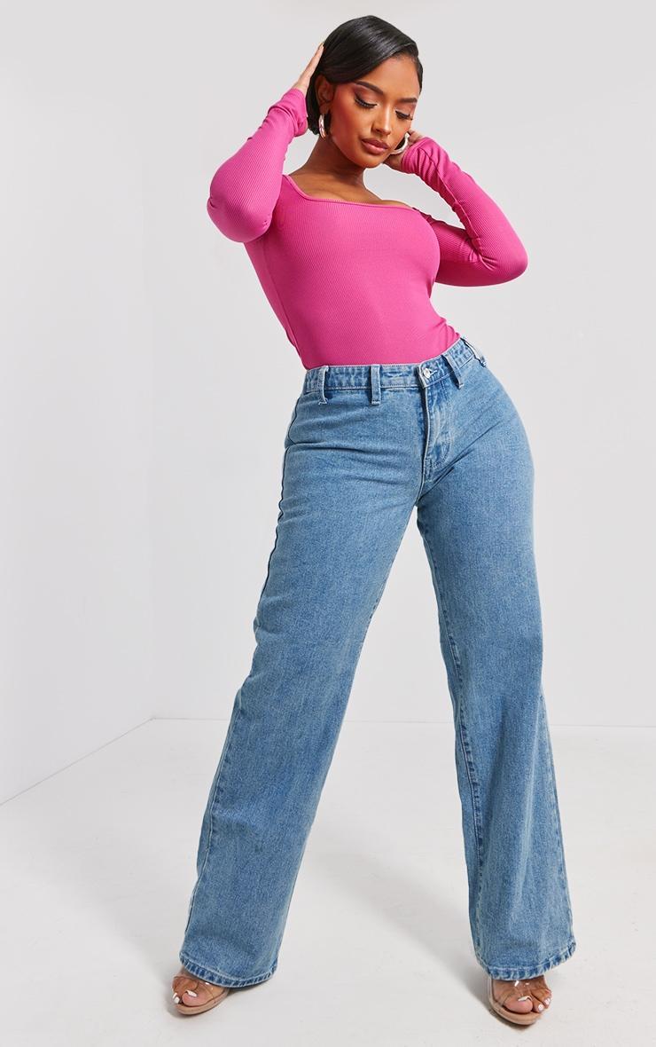 Shape Hot Pink Rib Long Sleeve Square Neck Bodysuit Product Image