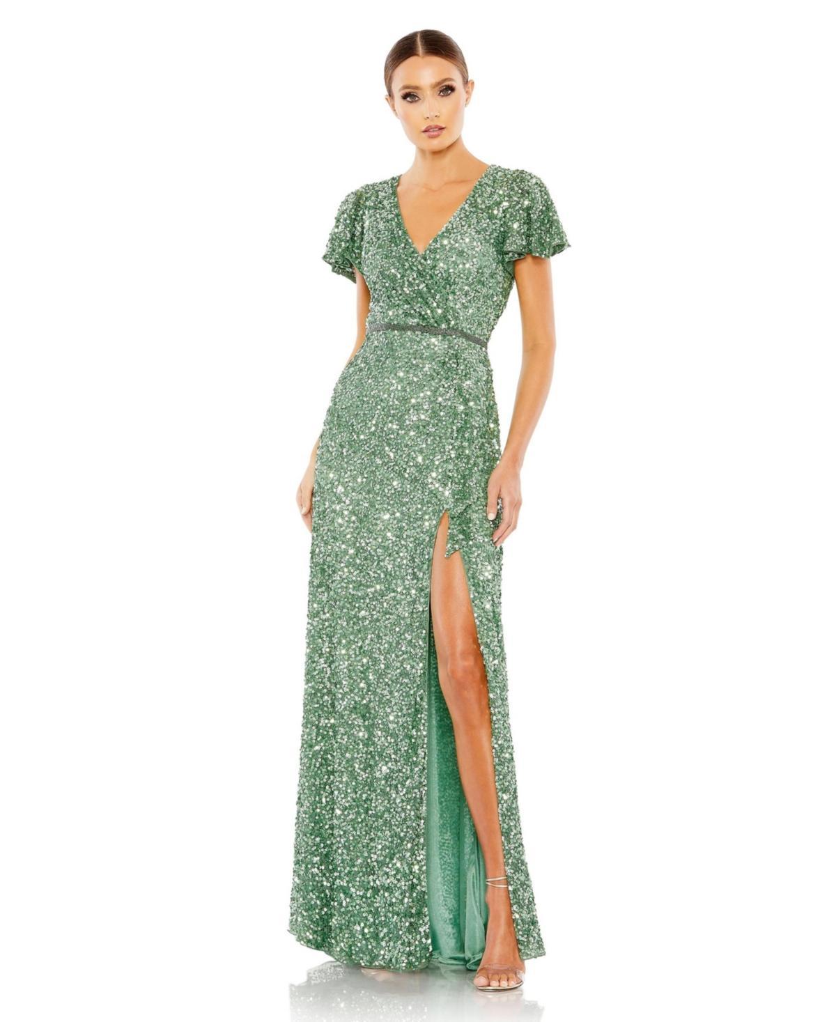 Womens Sequined Butterfly-Sleeve Gown Product Image