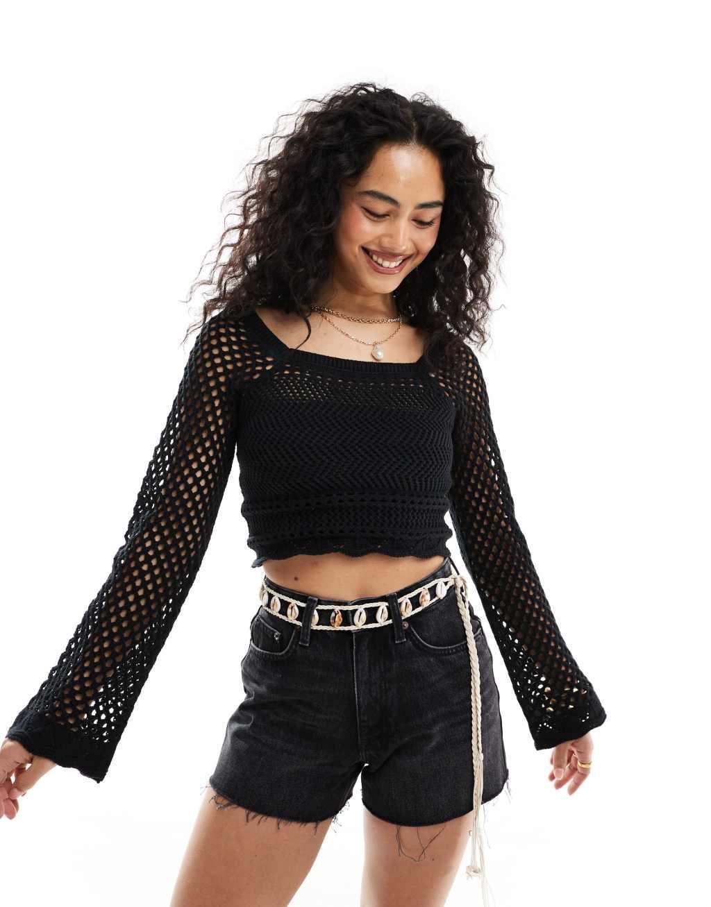 Miss Selfridge crochet square neck top in black Product Image