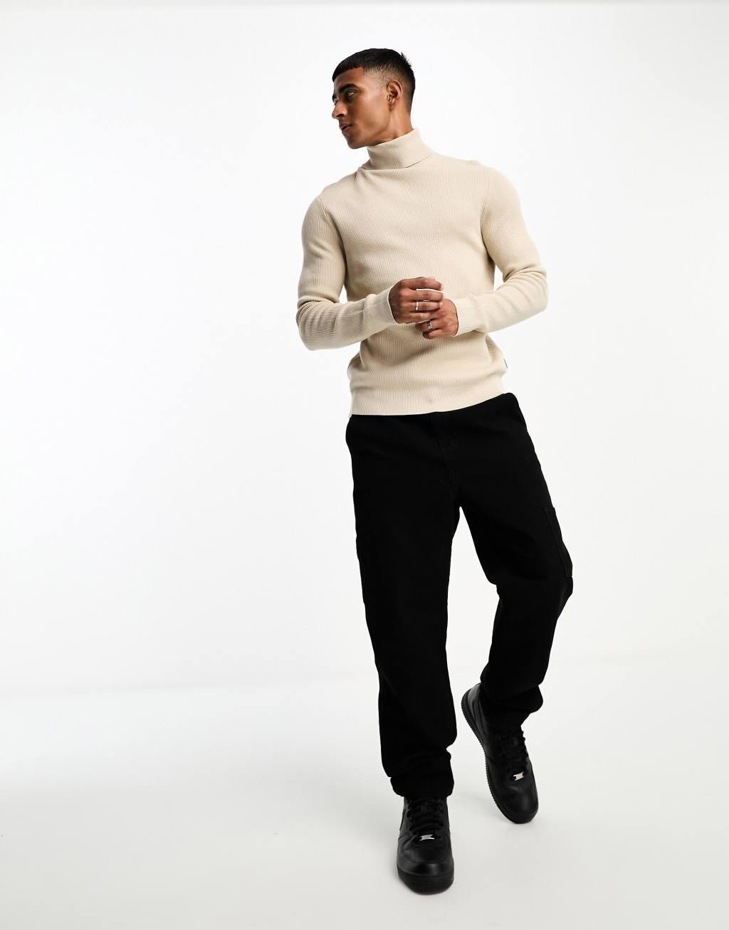 Only & Sons roll neck ribbed sweater in beige Product Image