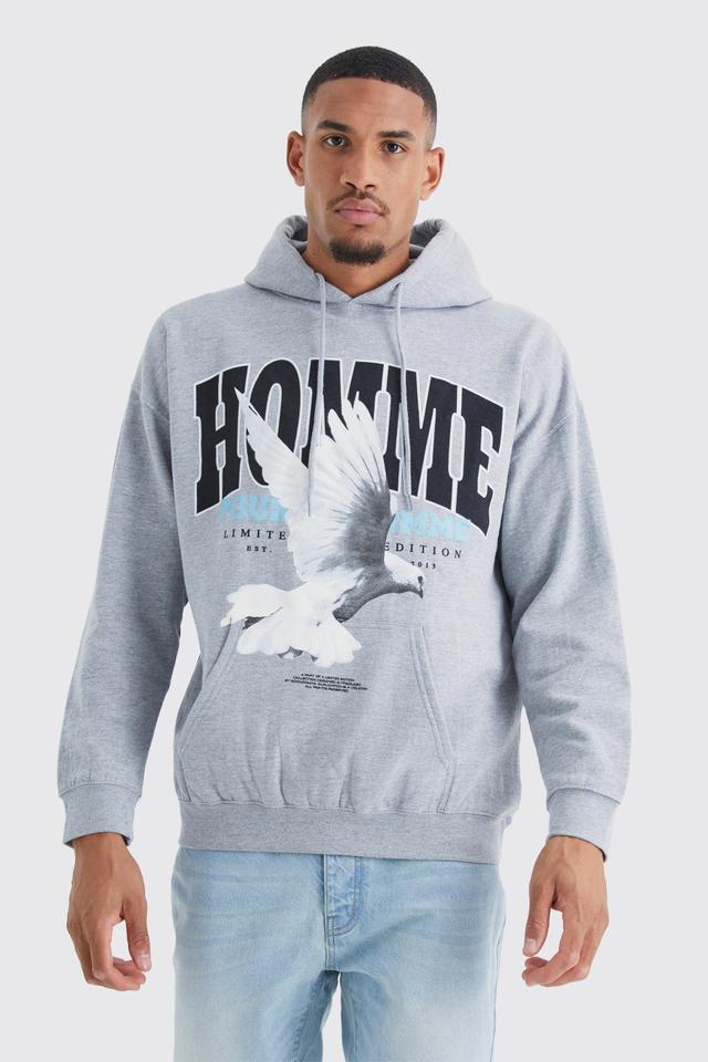 Mens Grey Tall Oversized Homme Dove Print Graphic Hoodie, Grey Product Image