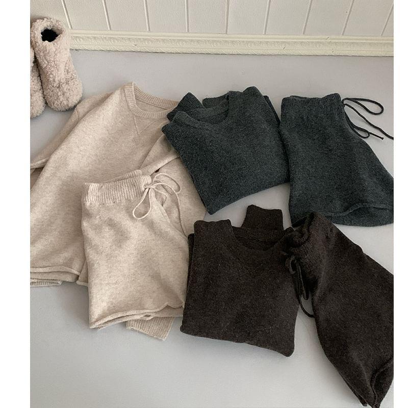 Set: Round Neck Plain Sweater + Drawstring Waist Knit Shorts Product Image