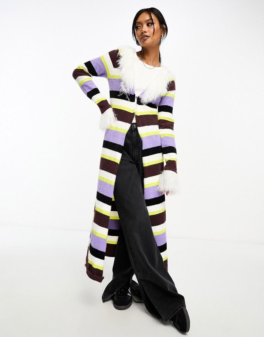 Annorlunda faux fur edged stripe longline cardigan in multi Product Image