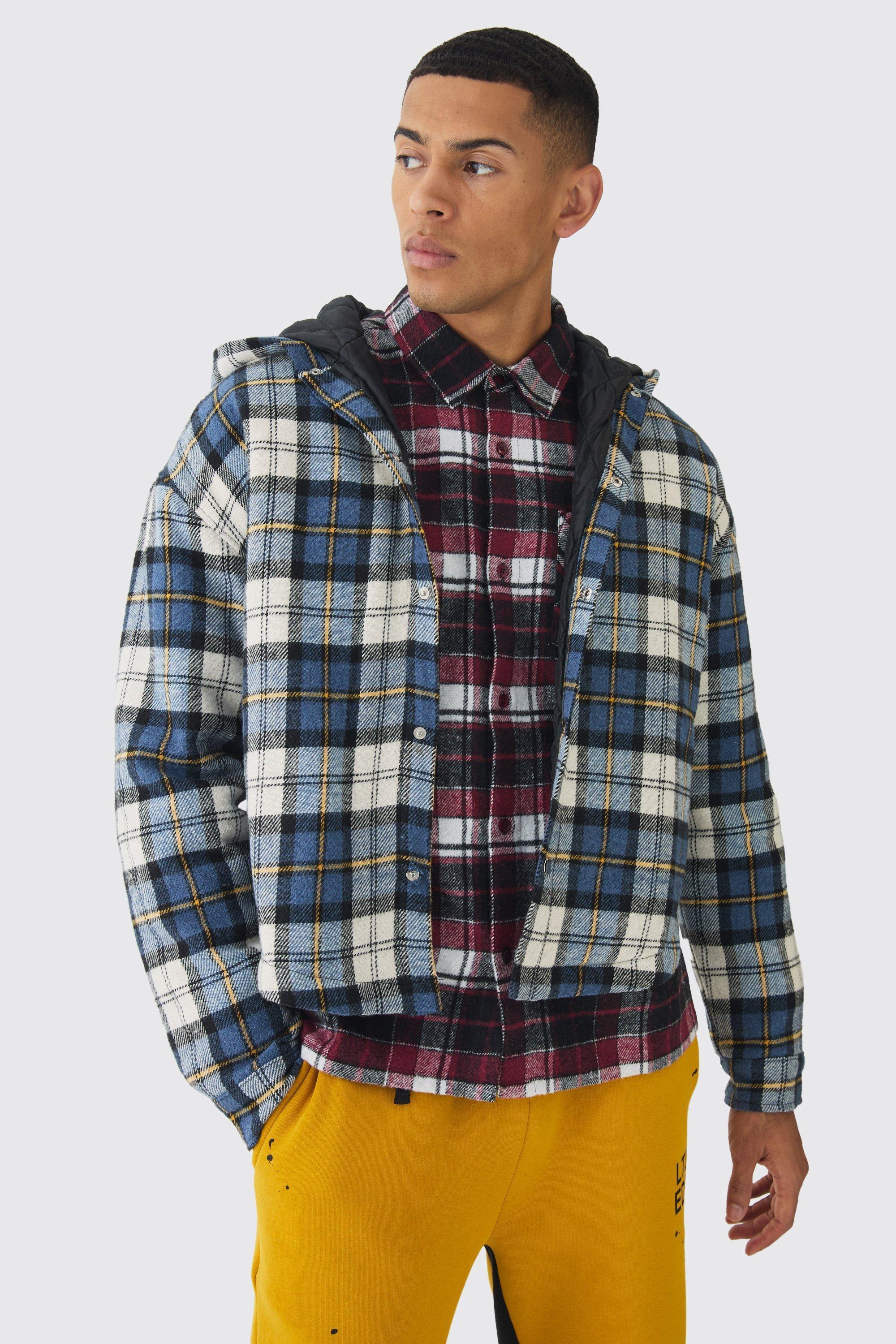 Oversized Padded Hooded Plaid Overshirt | boohooMAN USA product image