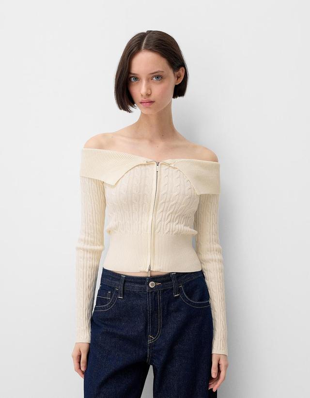 Cable-knit Bardot cardigan with zipper Product Image