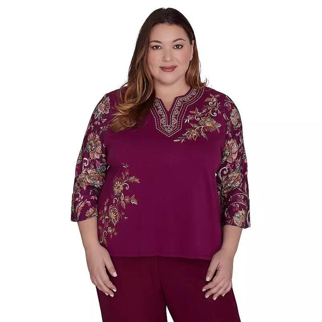 Plus Size Alfred Dunner Embroidered Floral Split Neck Top, Womens Product Image