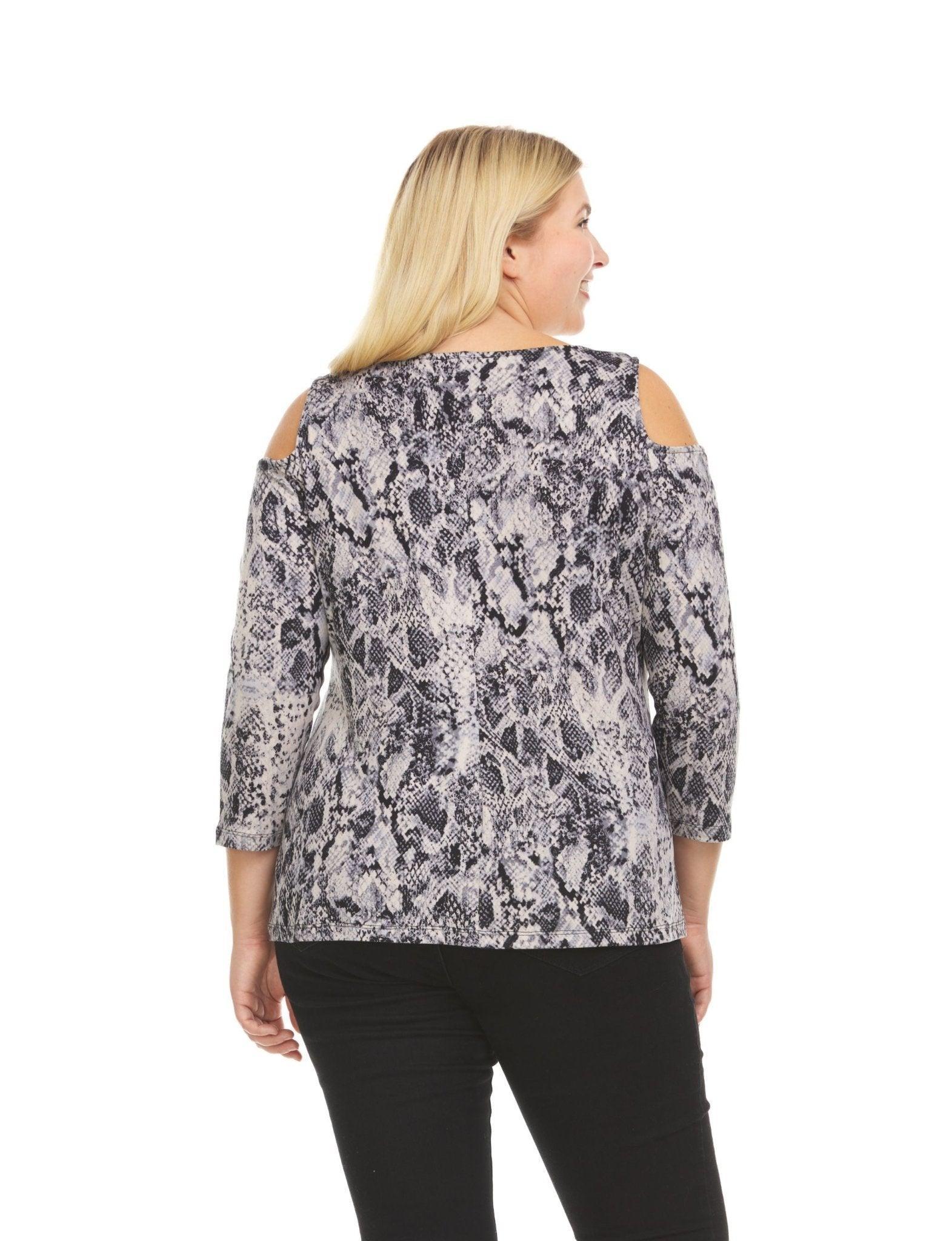 Python Print 3/4 Sleeve Cold Shoulder Top With Shoulder Strap Grommet- plus Product Image