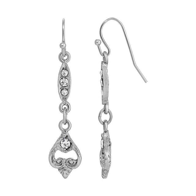 1928 Silver Tone Crystal Upside Down Heart Drop Linear Earrings, Womens, White Product Image