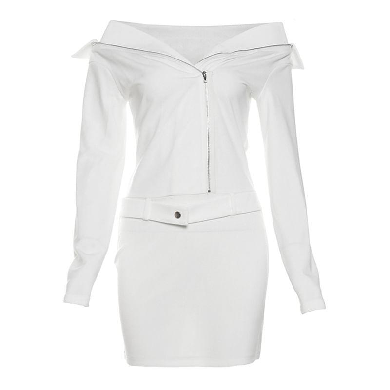 Long Sleeve V-Neck Off-Shoulder Plain Zip-Up Slim-Fit Mini Bodycon Dress Product Image