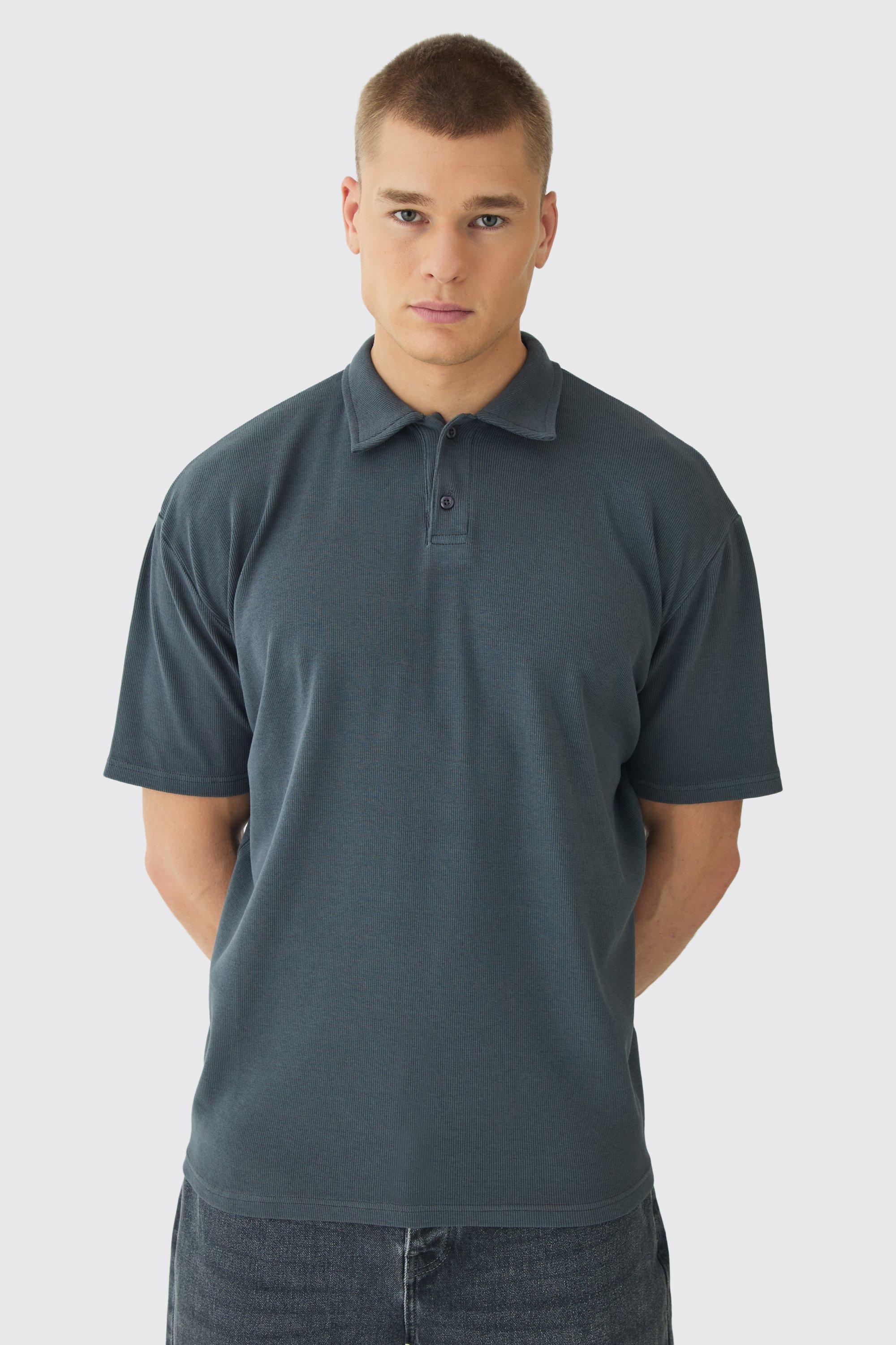 Oversized Heavy Rib Washed Polo | boohooMAN USA Product Image