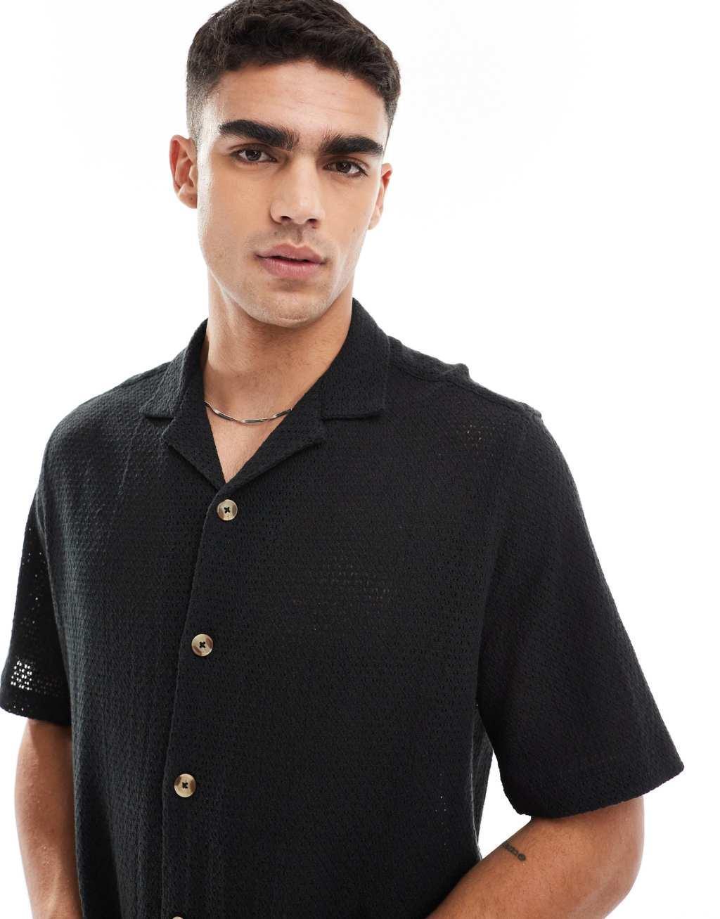 ASOS DESIGN relaxed revere basketweave texture shirt in black Product Image