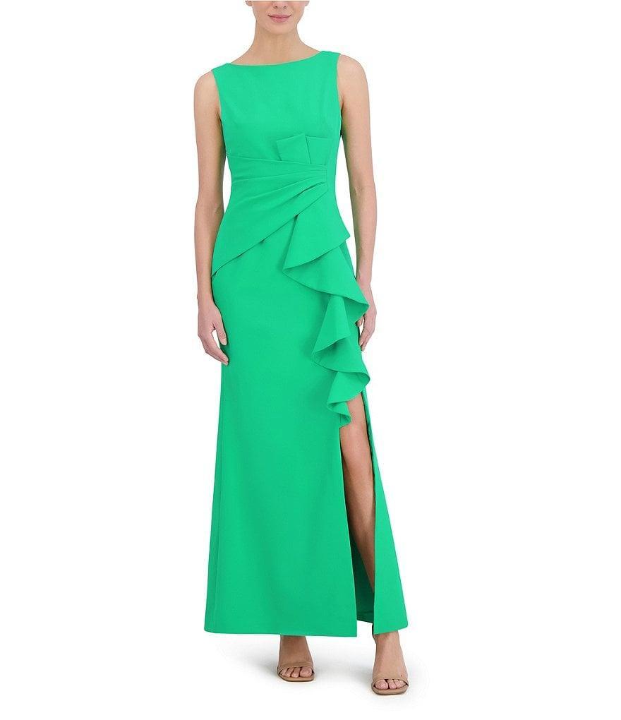 Eliza J Ruffle Front Pleat Waist Front Slit Boat Neck Sleeveless Sheath Gown Product Image