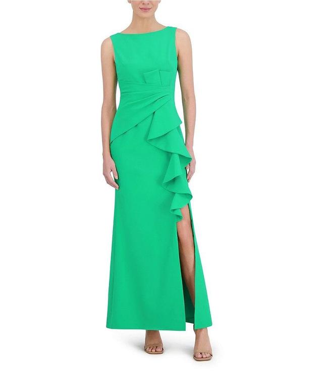 Eliza J Ruffle Front Pleat Waist Front Slit Boat Neck Sleeveless Sheath Gown Product Image