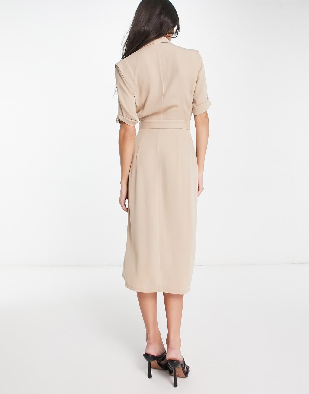 ASOS DESIGN wrap tux midi dress with shoulder pads in stone Product Image