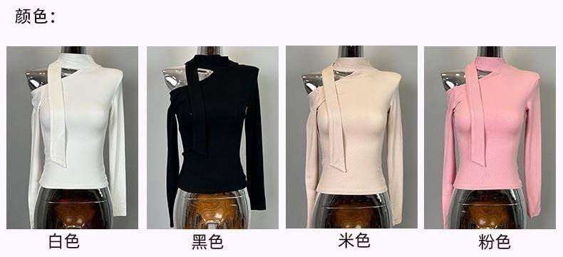 Long-Sleeve Cold-Shoulder Plain T-Shirt Product Image