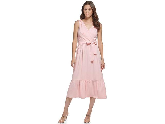 DKNY V-Neck Ruffle Hem Midi Dress (Blossom/Cream) Women's Dress Product Image