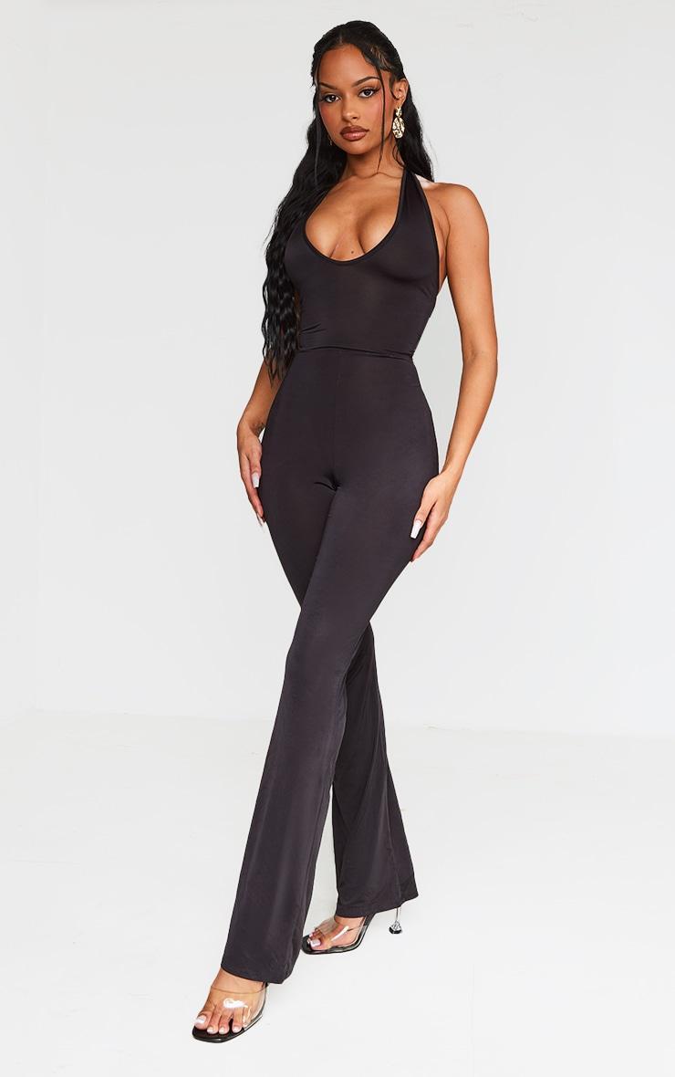 Black Slinky Knot Back Flared Jumpsuit Product Image