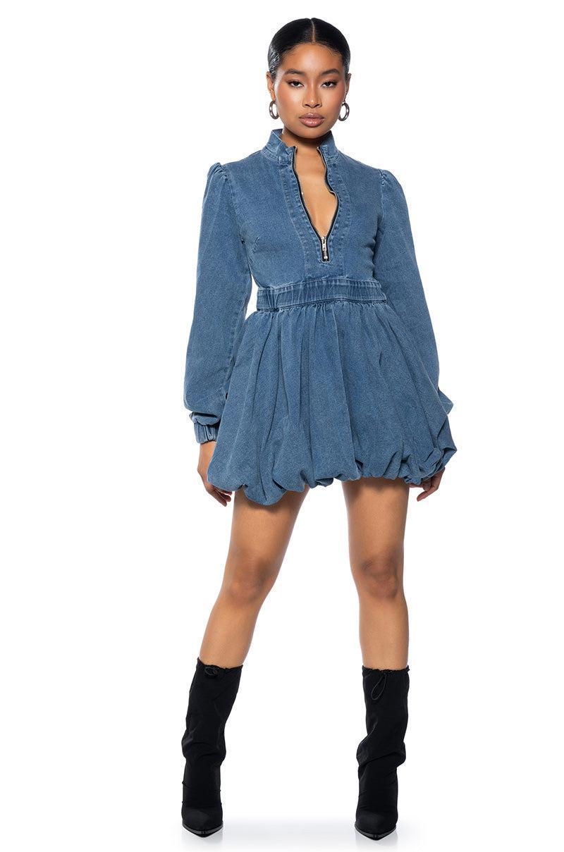 PASS THE BUBBLY DENIM MINI DRESS Product Image