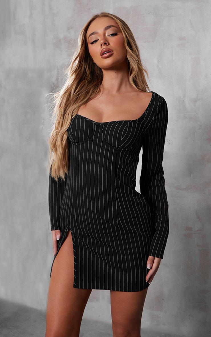 Black Pinstripe Underwired Detail Shift Dress product image