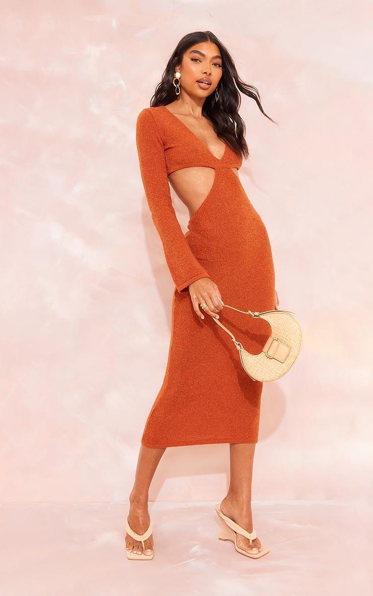 Tall Burnt Orange Bobble Knit Long Sleeve Cut Out Midaxi Dress product image