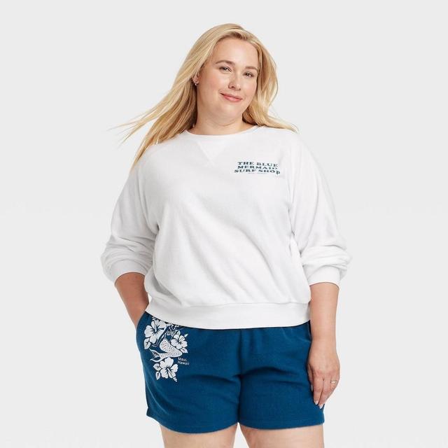 Womens Blue Mermaid Surf Shop Graphic Sweatshirt - White Product Image